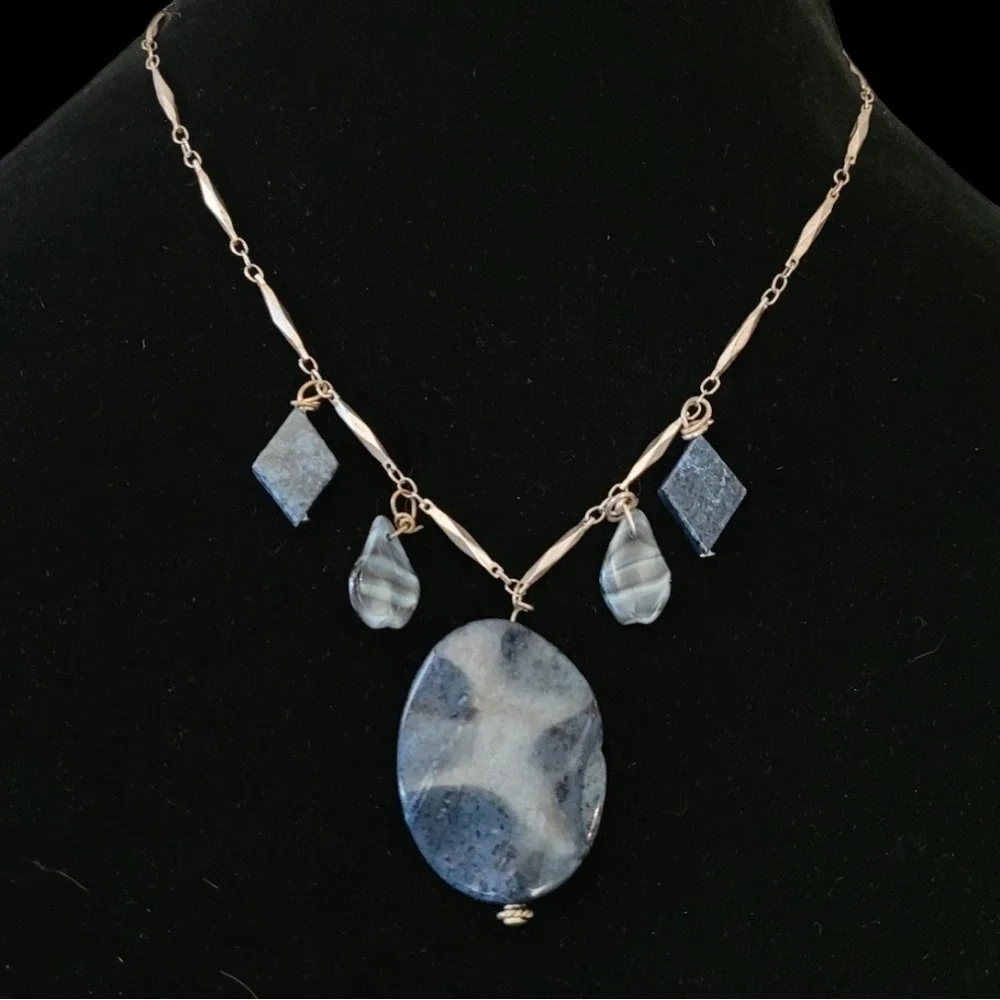 Vintage Blue Grey‎ Natural Stone Bohemian Silver Bar Link Multi Charm Necklace